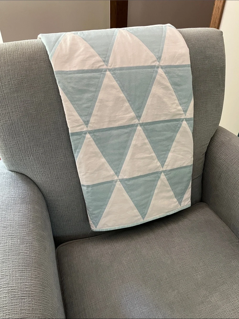 Handmade New Baby Quilt / Aqua and White Triangles